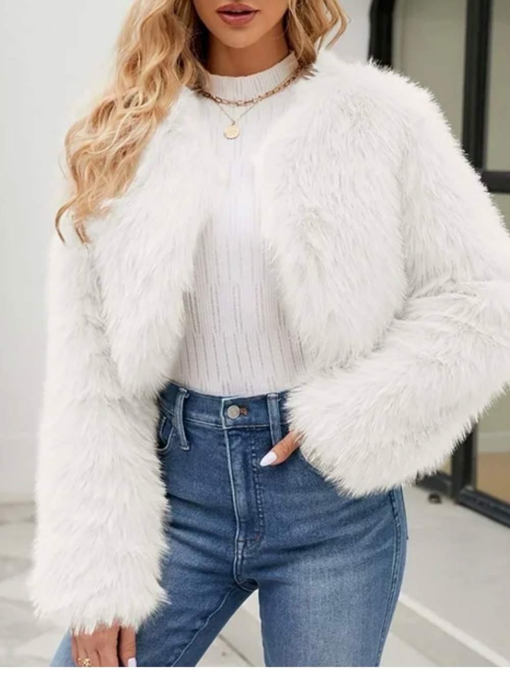 art class White Faux Fur Cropped Jacket